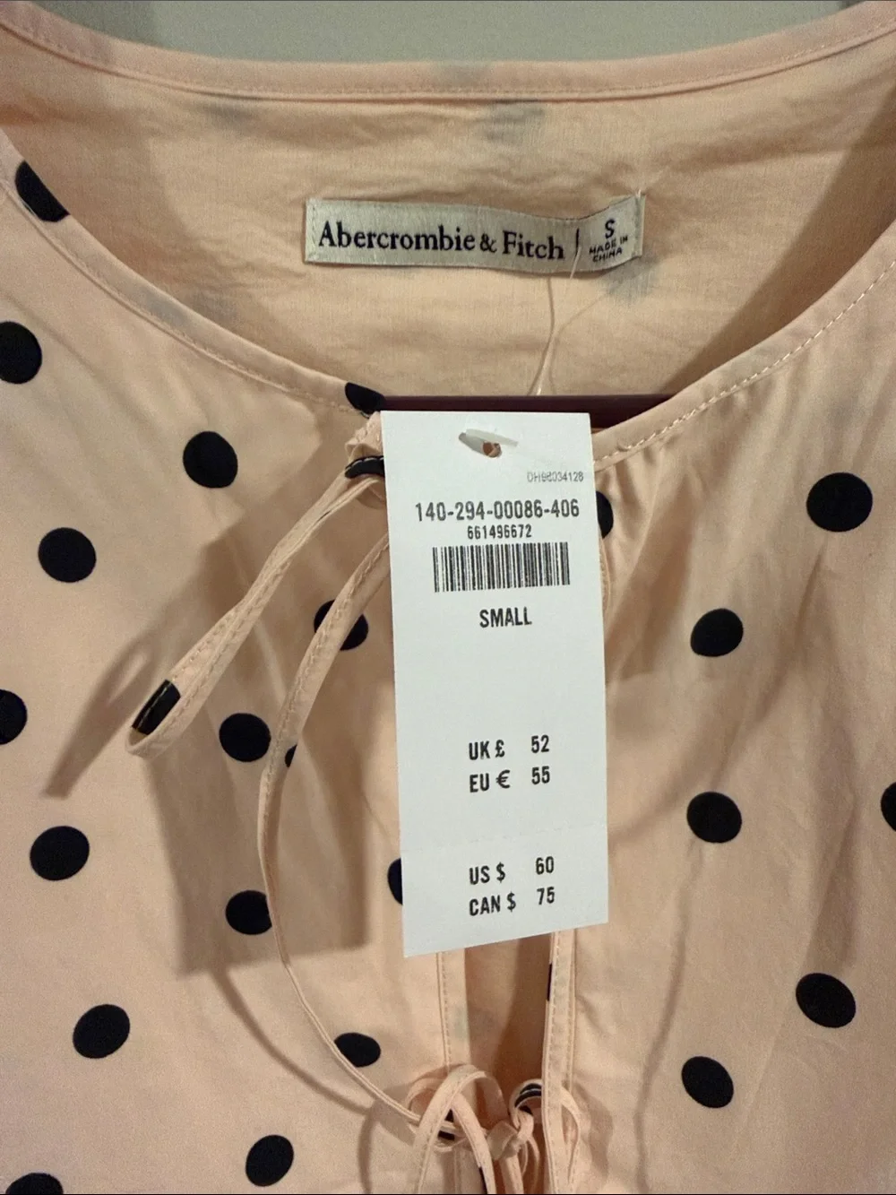 Abercrombie Tie Front Polka Dot Blouse in Blush Pink, Size Small (NWT)